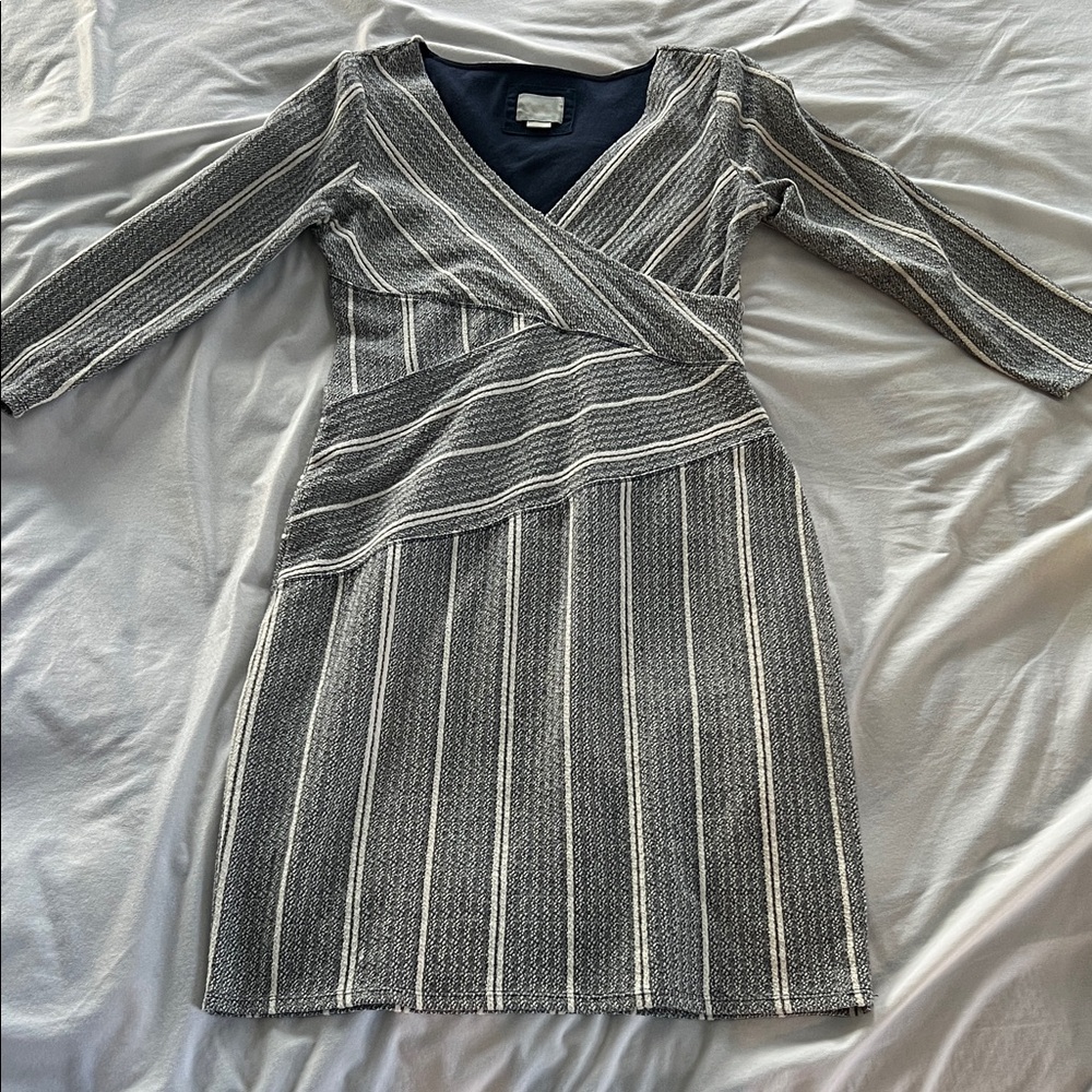 MAEVE by Anthropologie Wrapped Column Dress in Blue Motif Knit 3/4 Sleeves